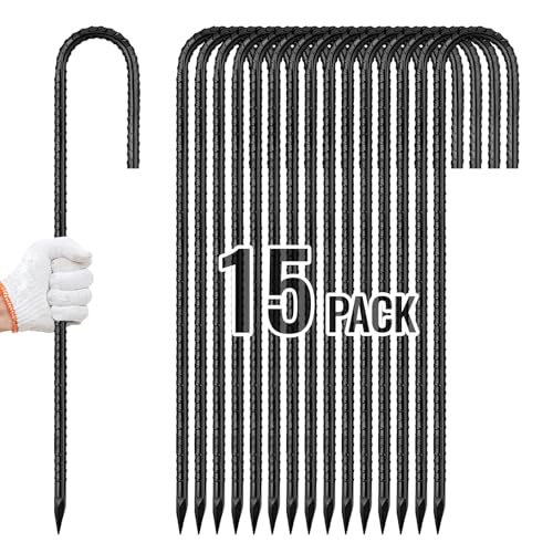Rebar Stakes 12 Inch, Ground Stakes Heavy Duty J-Hook Black Coated Anti-Rust Heavy Duty Ground Anchors for Garden Dog Fence Chicken Coop Christmas Decorations Deer Fence 15pcs miniatura 1
