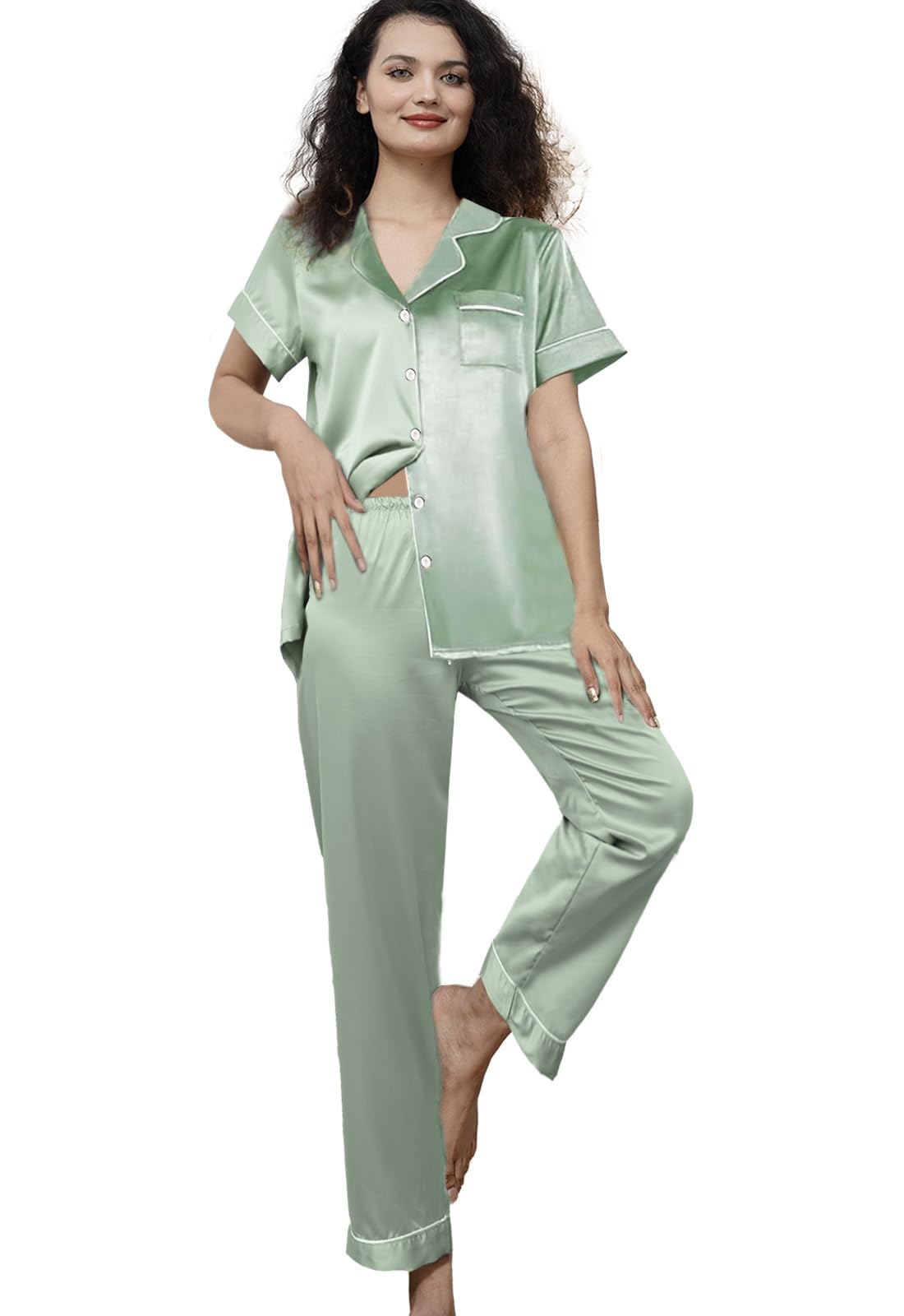 WJing Yi Jia Womens Pajamas Set XS-3XL Floral Silk Satin Pajama Sets Silky Pj Sets 2Pcs Loungewear Sleepwear Button Down Pjs
