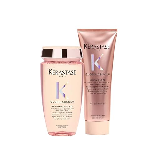 Kérastase Gloss Absolu Pflegeset mit Bain Hydra-Glaze Shampoo (1x250ml) und Fondant Insta Glaze Conditioner (1x250ml) für langes, zu Frizz neigendes Haar, Mit Hyaluronsäure, Glykolsäure & Wildrosenöl