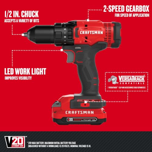 Image of CRAFTSMAN V20 Cordless Drill /Driver Kit, 1 /2 inch, Battery and Charger Included (CMCD700C1)