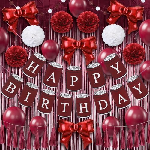 Arrowbash 33 Pcs Burgundy Maroon White Birthday Decorations Include Happy Birthday Banner Red Tinsel Foil Backdrop Tissue Paper Pom Poms Circle Dots Garland Bow Balloons Paper Tassels