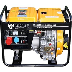 Diesel stroomaggregaat HMG-DG-6500E3 van Heinrich Motorapparaten: 5,5 kW 400 V 230 V, E-start, wielset, efficiënt, diesel, stroomgenerator