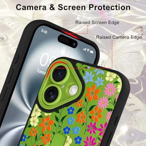 Image of for iPhone 16 Case with Finger Strap Holder, Cute Colorful Floral Flower Print Pattern Design for Women Girls, Shockproof Anti Scratch Hand Kickstand Protective Cover, Green