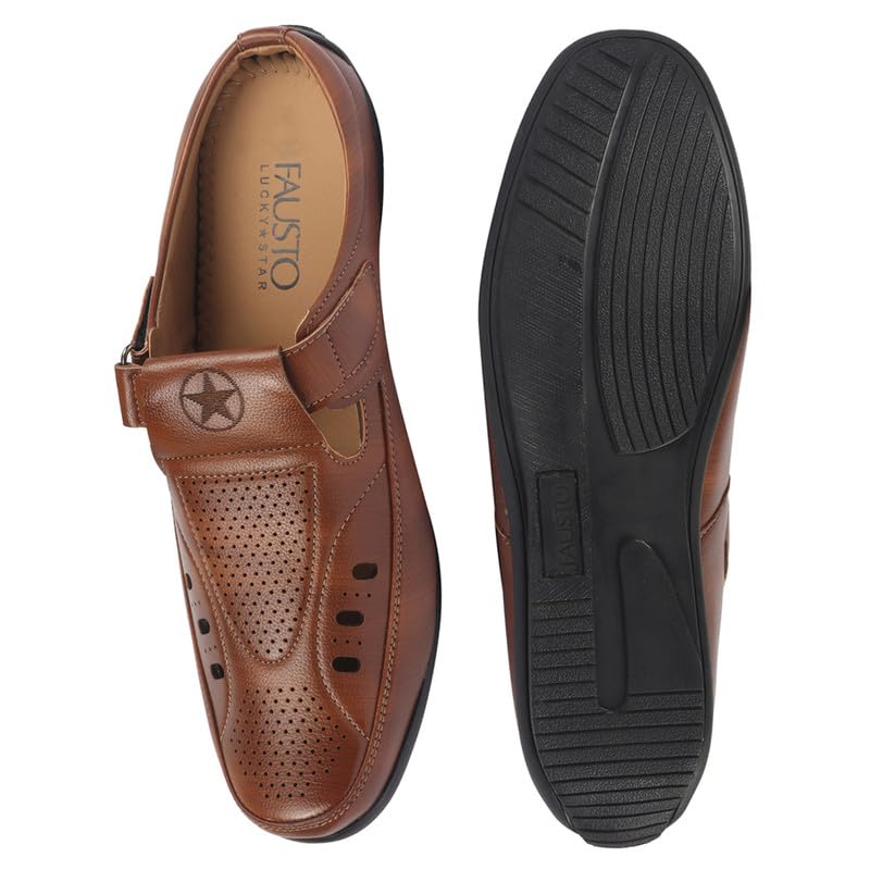 Image of FAUSTO Men's Back Open Perforated Breathable Casual Sandal With Cushioned Footbed|Adujstable Strap Stitched Slip On Sandal For Work|Evening