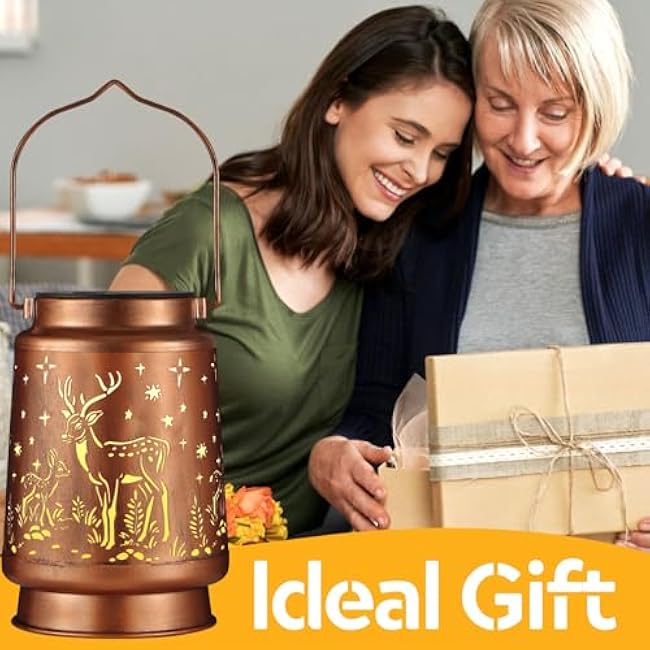 Deer Solar Lanterns Outdoor Waterproof Garden Decor Suitable for Birthday Gifts for Women Mom Grandma Metal Hanging Solar Lights for Outside LED Lantern for Yard Patio Lawn Pathway Landscape