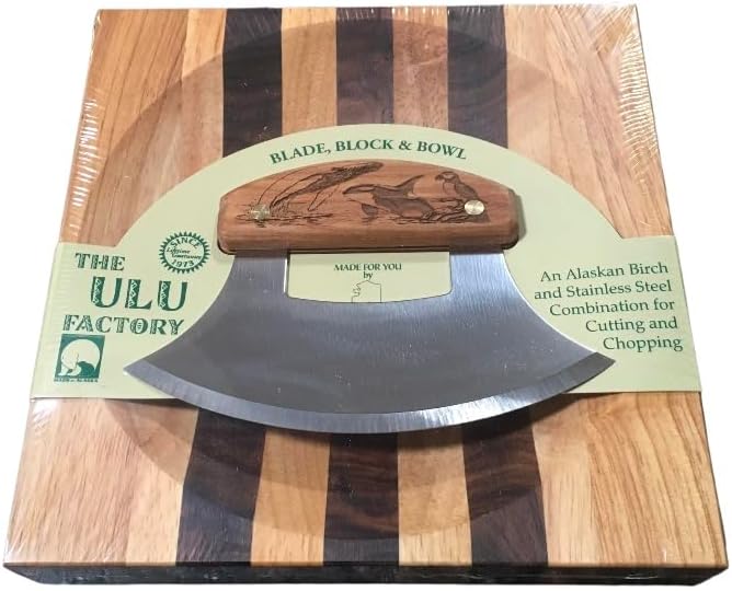 The Ulu Factory Alaskan Birch Wood Ulu Mezzaluna Knife and Bowl Set Ocean Collage Humpback Puffin Orca Whale