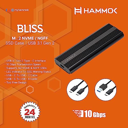 Image of HAMMOK Bliss M.2 NVME /NGFF SSD Case USB 3.1 Gen 2 Enclosure, USB 3.1 Gen 2 (10 Gbps) to NVMe PCI-E M.2 SSD Case Support UASP for NVMe SSD Size 2230 /2242 /2260 /2280 (up to 4TB)
