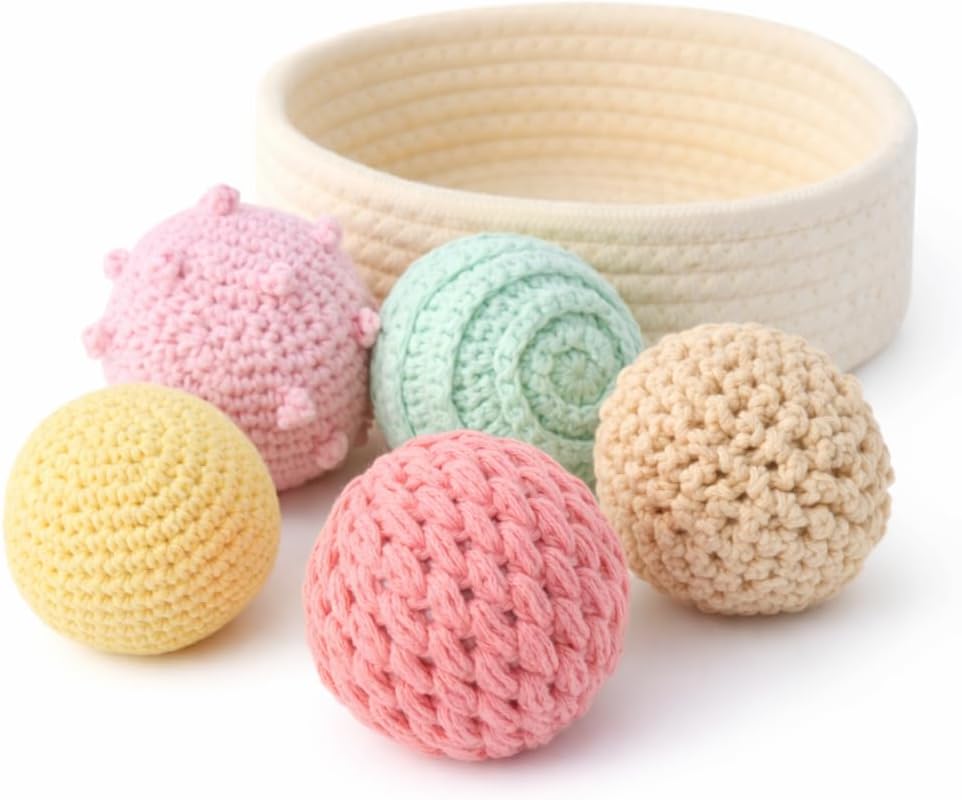 Montessori Baby Sensory Balls – Natural Cotton Crochet Texture Toy for Infants 6–12 Months – Neutral Non-Plastic Ball Set with Basket