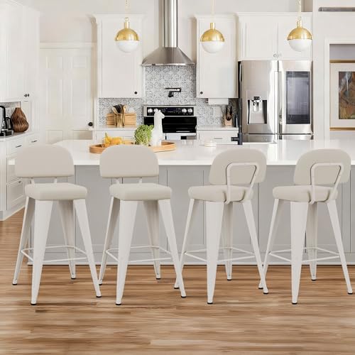 Image of Yongchuang 26 inch Bar Stools Set of 4, Faux Leather Counter Height Stools with Back Metal Legs Modern Upholstered Barst9ols for Kitchen Island Grayish White