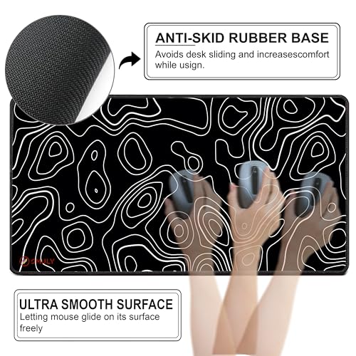 Image of Black Contour Line Mouse Pad 18x36 Inch 3mm Extended Gaming Desk Mat with Anti-Slip Rubber Base Mousepad for Smooth Surface Desk pad for PC & Laptop Use Waterproof & Stiched (Black /White)Deskpad