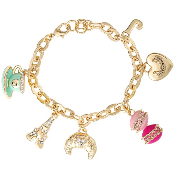 Juicy Couture Paris Charm Bracelet for Women 7.5", Gold-Tone Chunky Bracelet with 6 Cute Charms