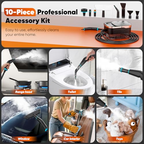 Image of Steam Cleaner, 2500W Pressurized Heavy Duty Handheld Steamer with 1.32QT Tank & 10 Attachments - for Kitchen, Bathroom, Car, Floors, Tile, Furniture, Couch, Windows (Black /Gold)