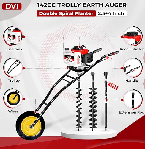 Image of DVI 142CC Trolley Earth Auger Machine, 4-Stroke Petrol Engine - with 2.5 Inch + 4 Inch Double Spiral Planter Bits & Free Extension Rod | for Plantation, Fencing & Post Hole Digging in All Soil Types.