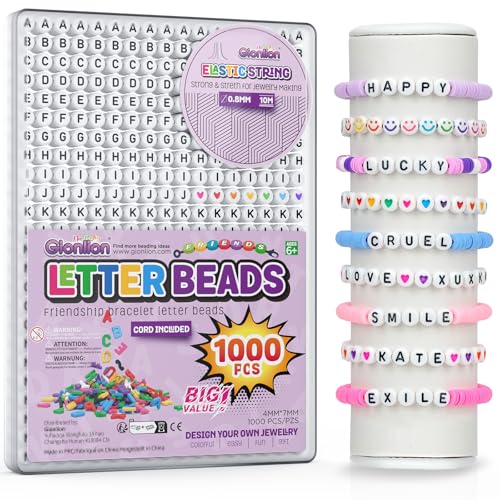 Gionlion 1000Pcs Letter Beads for Bracelet, Round Alphabet Beads Friendship Bracelet Making Kit with Elastic String in Box, Colorful Smile Heart Beads Preppy Beads for Jewelry Making, DIY Partner