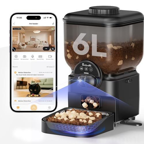 Automatic Cat Feeder with Camera & Voice Interaction WiFi/App Control 7L Dry Food Dispenser for Cats & Dogs with Custom Feeding Times & Portions Dual Power(Black1080P HD)