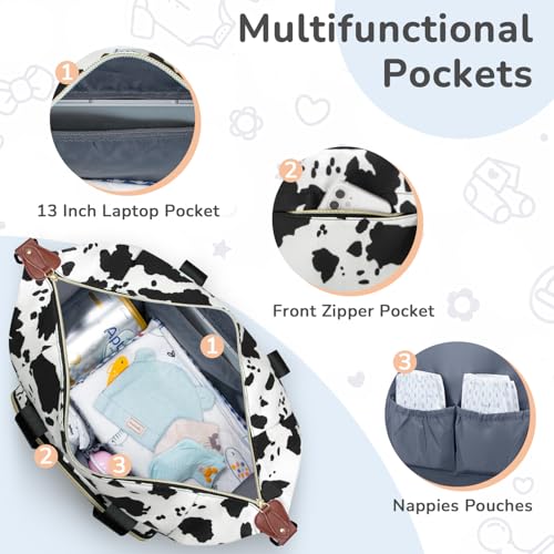Image of Tenot Diaper Bag Tote with Pacifier Case, Baby Bag for Women with Shoulder Straps, Travel Diaper Tote for for Mom and Dad Medium Size, Cow Print