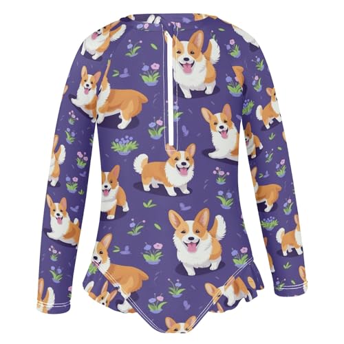 Corgi Dog and Cute Flowers Girls Long Sleeve Swimsuit Rash Guard One Piece Bathing Suits Zipper 3-12T2