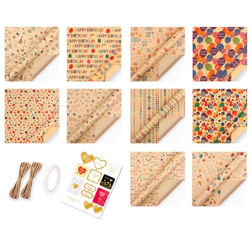 10 hojas de papel de regalo de cumpleaños para festivales, papel kraft para decoración de regalos de cumpleaños