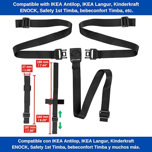 Miniatura 4 de Sistema De Arnés De 3 Puntos Para Trona, 1 Juego, Compatible Con Bebeconfort, Ikea, Kinderkraft, Safety 1st, Y Muchos Más, En Negro, Con Correa De Entrepierna, Arnés De Seguridad Ajustable Para Trona