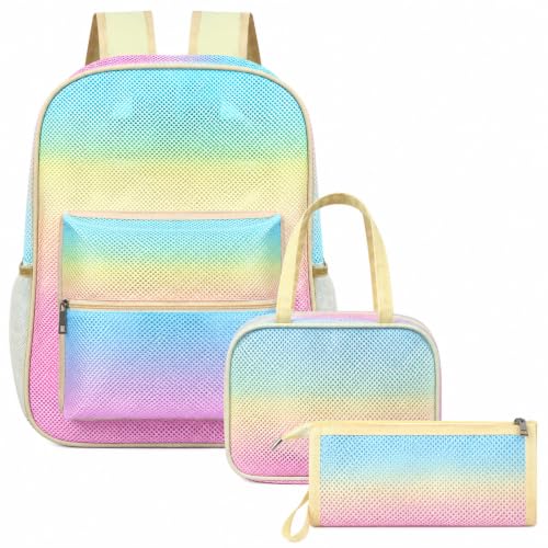Image of Silkfly 3 Pcs Mesh Backpack Set, Heavy Duty Semi-transparent Bookbag with Lunch Bag Pencil Case for Travel, Beach, Sports