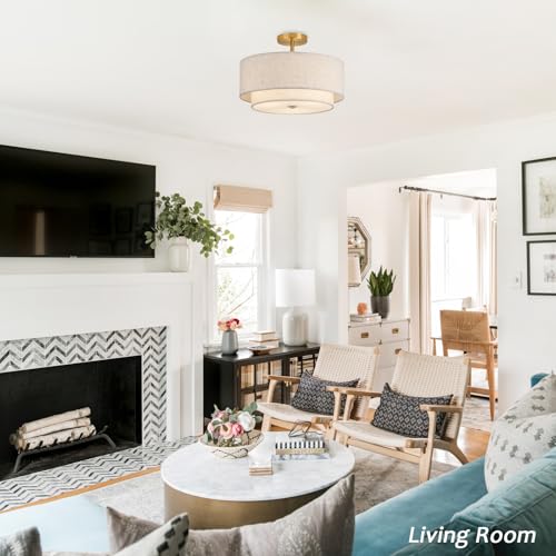 16 Double Drum Gold 3-Light Semi Flush Mount Ceiling Light, Classic Fabric Linen Shade Design for Living Room, Bedroom, Kitchen, Dining Room, Hallway and Entryway
