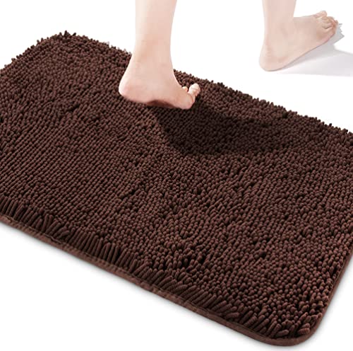 Yeaban Chenille Bathroom Rugs Non-Slip Thick Plush Bath Mat - Absorbent Washable Bath Rugs for Bathroom Shower Sink Carpet (Brown, 24