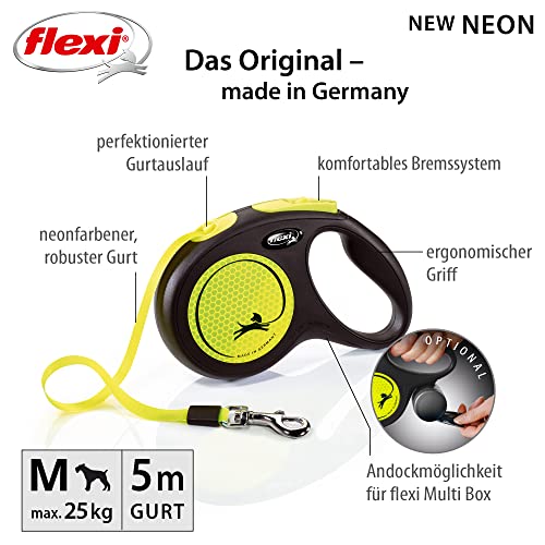 flexi® Neon M Gurt 5 m schwarz, Gurt in neon-gelb, Roll-Leine für Hunde bis 25 kg