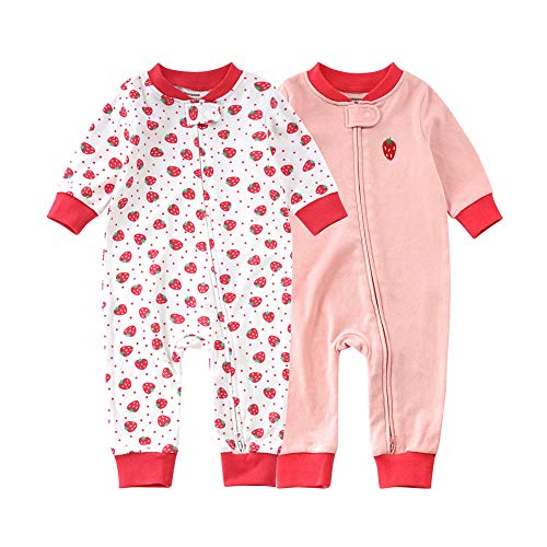 SUYEORLI Baby 2 Pack Footless Pajamas Romper Cotton Long Sleeve 2 Way Zipper Printing Embroidery Jumpsuit Sleep and Play 3-24 Months (Strawberry, 6-12 Months)