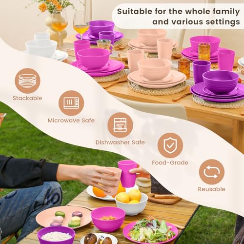 Image of Homienly 40-Piece Wheat Straw Dinnerware Set, Reusable Plates and Bowls Sets, Alternative to Plastic Dishes Set-Dinner Plates with Textured Pattern, Bowls, Cups, Dishwasher Safe - Pink Flower