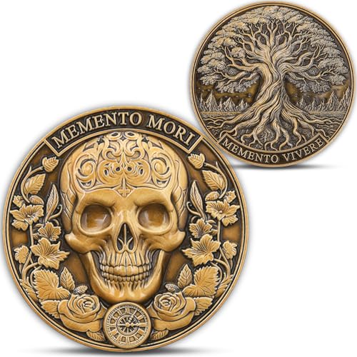 Memento Mori Coin - Memento Vivere Challenge Coin Embrace Life & Remember Mortality - Motivational Coin with Skull and Tree of Life Design(Single Coin)