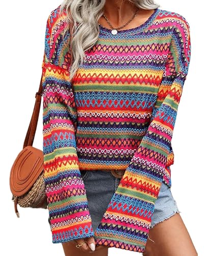 BAIMORE Women's Fashion Round Neck Colorful Striped Long Sleeve Knit Pullover Sweater