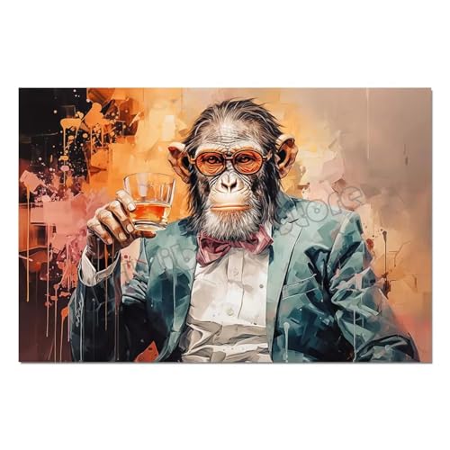 IEUUUB Abstrait singe gentleman costume chimpanzé avec un verre de whisky animal affiche toile peinture mur art photos décoration de la maison 60x80cm...