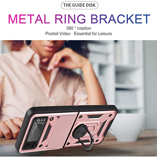 Compatible Samsung Galaxy Z Flip 3 5G Phone Case Built Slide Camera Protection Cover & Ring Kickstand, Military Grade Heavy Duty Shockoroof Bumper Hybrid Protective Case For Galaxy Z Flip 3 Pink #TOP3