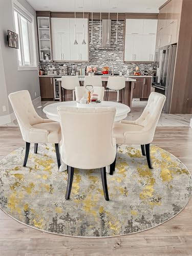 vivorug Round Rug 4ft Abstract Round Area Rug Non-Slip Indoor Carpet for Living Room Bedroom Entryway, Stain Resistant Home Decor Circle Rug, Grey/Mustard