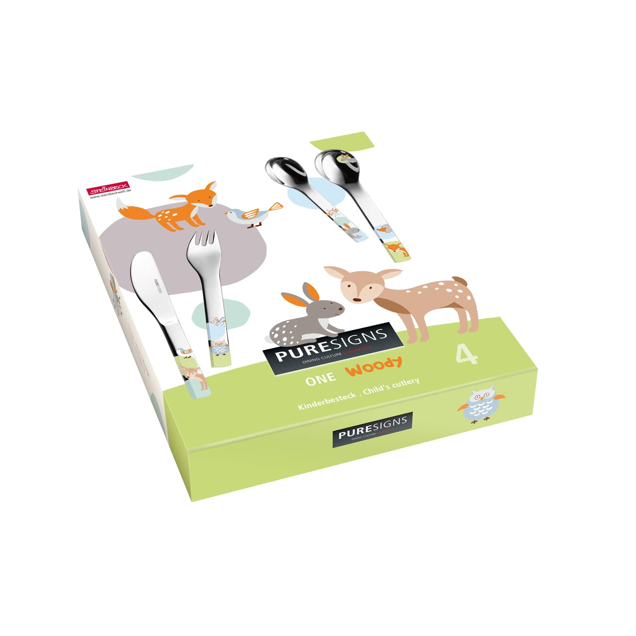 Geburtsgeschenk mit Namen: Kinderbesteck Woody mit Gravur + Lätzchen mit Namen - Fuchs Geschenk Neugeborene (Junge/Mädchen)