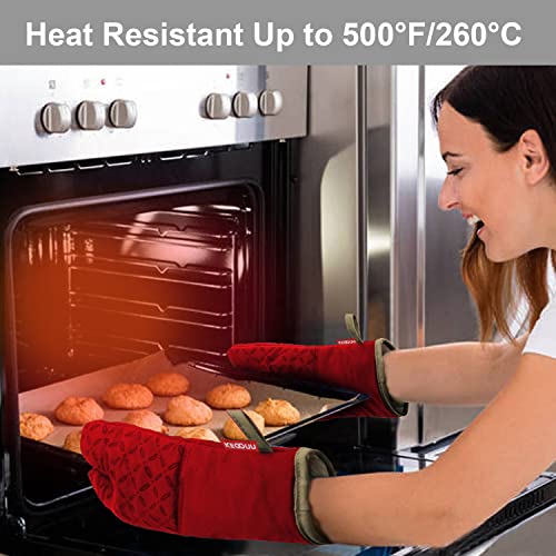 Image of KEGOUU Oven Mitts and Pot Holders 6pcs Set, Kitchen Oven Glove High Heat Resistant 500 Degree Extra Long Oven Mitts and Potholder with Non-Slip Silicone Surface for Cooking (Red)