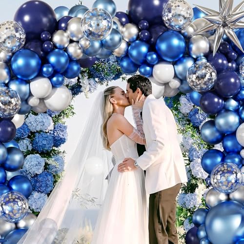 Blue White Silver Balloon Garland Arch Kit, 140Pcs Navy Light Metallic Blue Silver White Confetti Balloons With Stars for Birthday Wedding Birdal Shower Graduation Fathers Day Party Decorations - Image 4