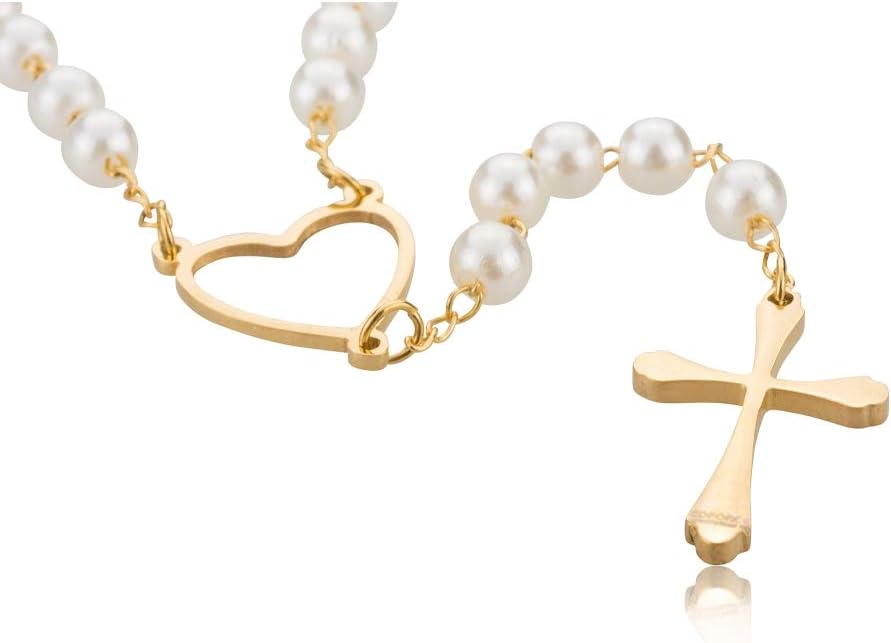 Edforce Stainless Steel Heart and Pearl Rosary with Cross, 29.5 inch - Image 3