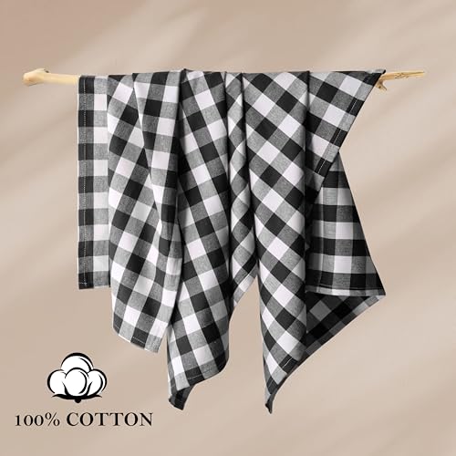 Image of 4 Pack Gingham Buffalo Check Kitchen Dish Towels 100% Cotton 16x26 Inches - Super Absorbent Quick Drying Hand Tea Towels, Restaurant Cleaning Towels with Hanging Loop, Black White