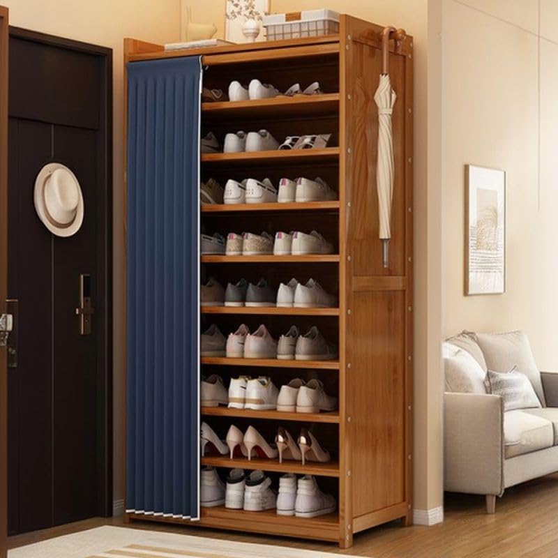 CraftThink Modern Shoe Rack with Curtain, Bamboo Shoe Storage Shoe Organizer Wood Freestanding Storage for Closet Entryway Garage Bedroom, Brown-Blue,