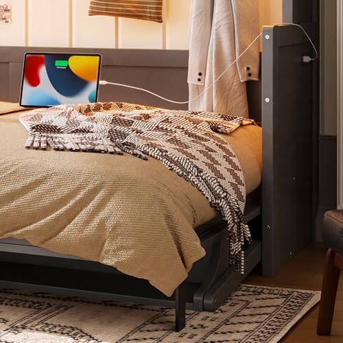 Image of KEIKI Full Size Horizontal Cabinet Murphy Bed with Desk & USB Charging Station, Foldable Hideaway Wall Bed Frame with Solid Slats, No Box Spring Needed, Easy Assembly, for Bedroom, Guest Room, Gray