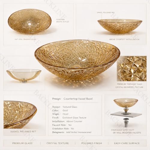 Image of B Backline Glass Basin For Bathroom | 100% Pure Glass Basin | Premium Tabletop Countertop Wash Basin For Bathroom | 7-Year Warranty (Gold) (20 x 14 x 6 Inch)