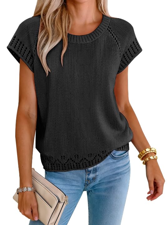 Image of SAUKOLE Women's Sweater Vest Casual V Neck Cap Sleeve Knit Pullover Tops | 2026 Spring Clothes, Soft Knit Shirts, Short Sleeves T-shirts, Tunic Blouses, Sweater Tank Tops