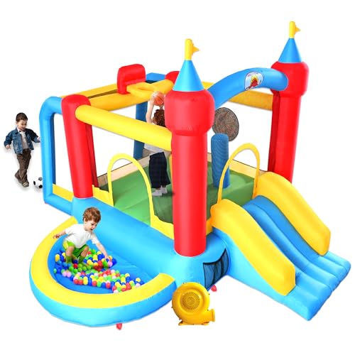 WELLFUNTIME Inflatable Bounce House with Slide, Jumping Castle with Blower and Wave Pool, Basketball Rim, Football Goal