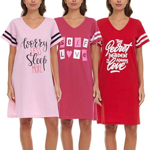 Lati Fashion 3 Pack Nightgowns For Women Soft Cotton Short Sleeve Sleepshirt Casual Sleepwear Nightdress Size S-3X