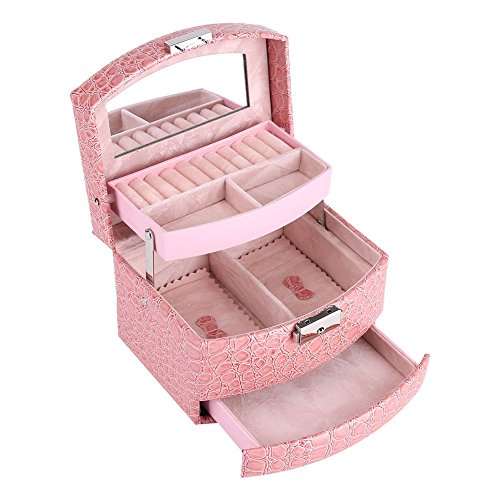 Caja de Joyería de 3 Capas con Espejo y Mango Caja Joyero para Collar Anillos Collar Broches Pulsera(Pink) Cover
