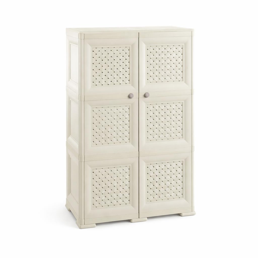 Armadio in Plastica 79 x 43 x 125 cm con Ante Traforate – Mobile Contenitore Verticale Salvaspazio per Zona Living e Organizzazione Casa (Angora)