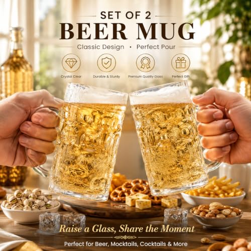 Image of WRINGO Beer Mugs Set of 2, 450ML Glass Mug with Handle, Large Big Heavy Mugs for Freezer, Multipurpose Mugs, Dishwasher & Microwave Safe (BR-05)