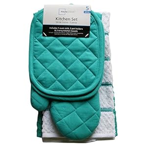 MAINSTAYS Teal Island Kitchen Towel Set 5 Piece- Pot Holders, Oven Mitt & 2 Terry Kitchen Towels (1, A)