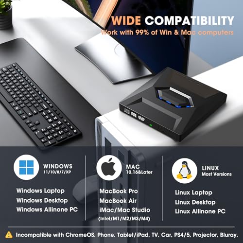 Image of ROOFULL External CD DVD Drive with USB 3.0 Type-C Hub & SD Card Reader | 7 in 1 Portable CD /DVD ROM + /-RW Drive Burner Player Writer for Laptop Desktop PC Mac Windows 11 /10 /7 Linux